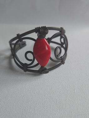 Artisan Wire Wrapped Cuff Bracelet Antique Copper Tone Red Marquise Stone